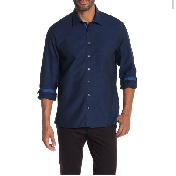Stone Rose Navy Miami Waffle Slim Fit Sport Button Down Shirt, size Large - Picture 1 of 11